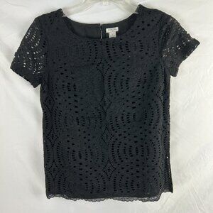NWT J Crew Black Lace Top Size 00 Short Sleeve Eyelet Lace Blouse